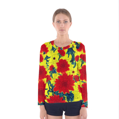 Red Flowers on Yellow Women's Long Sleeve Tee