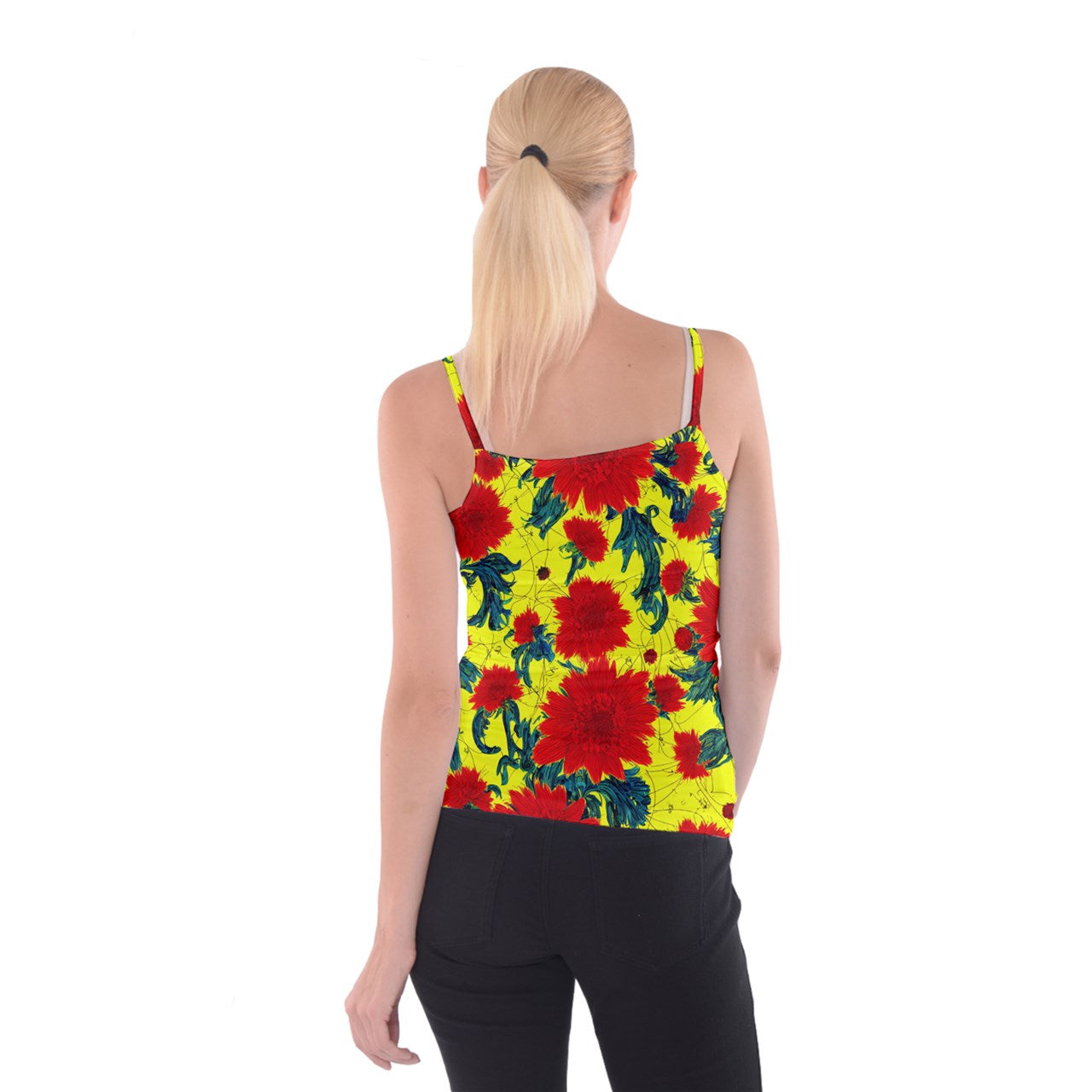 Red Flowers on Yellow Spaghetti Strap Top