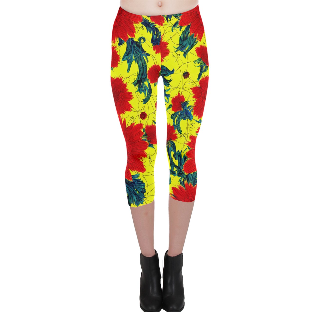 Red Flowers on Yellow Capri Leggings