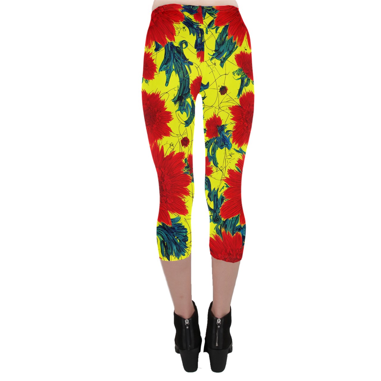 Red Flowers on Yellow Capri Leggings