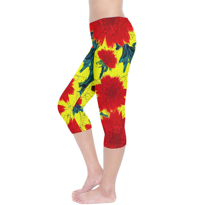 Red Flowers on Yellow Capri Leggings