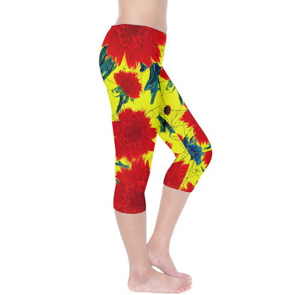 Red Flowers on Yellow Capri Leggings