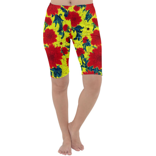 Red Flowers on Yellow Cropped Leggings