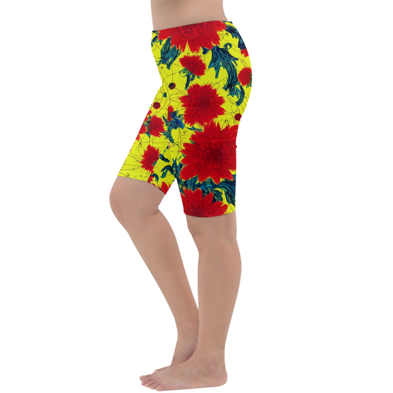 Red Flowers on Yellow Cropped Leggings