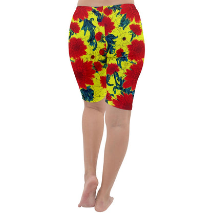 Red Flowers on Yellow Cropped Leggings