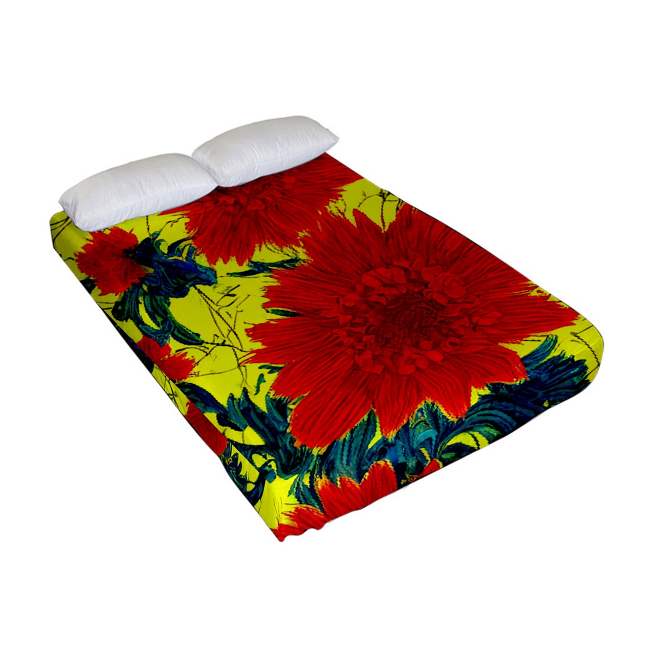 Red Flowers on Yellow Fitted Sheet (Full/ Double Size)