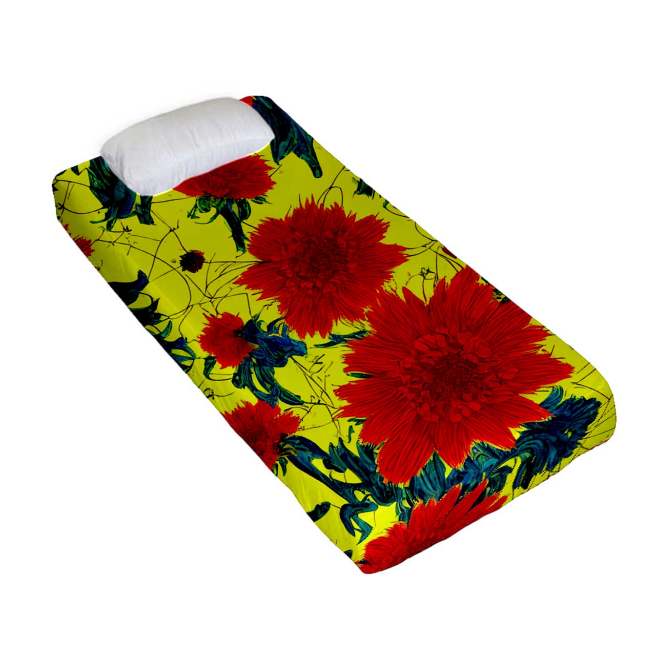 Red Flowers on Yellow Fitted Sheet (Single Size)