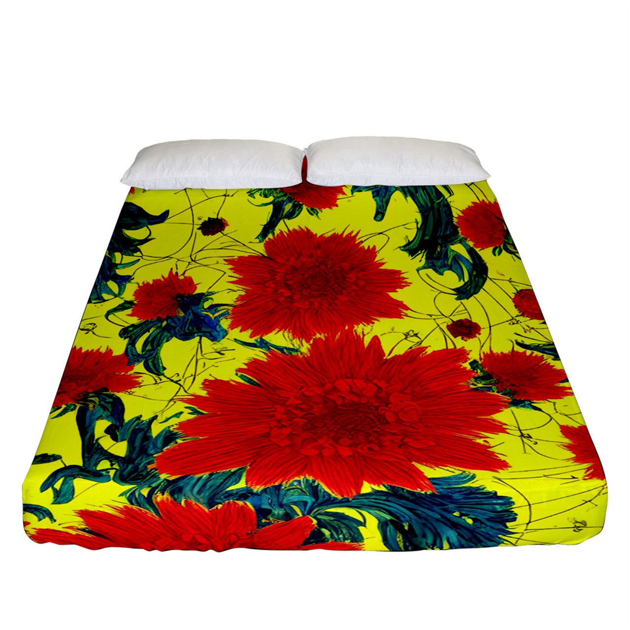 Red Flowers on Yellow Fitted Sheet (Queen Size)