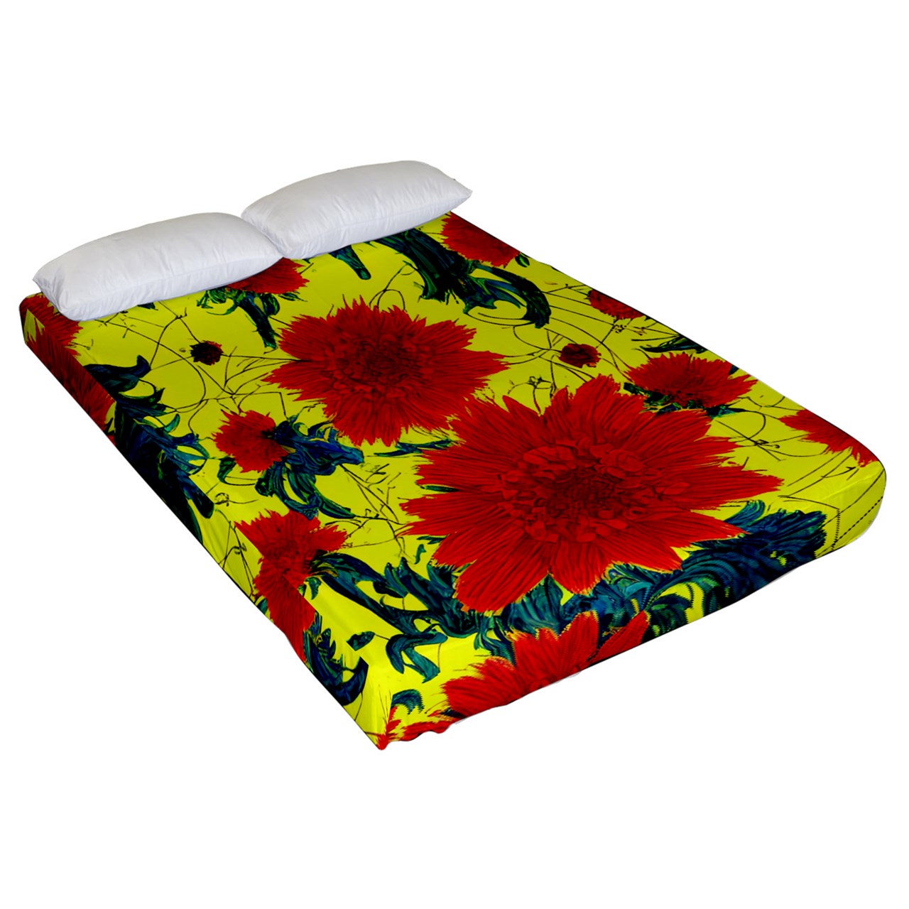 Red Flowers on Yellow Fitted Sheet (Queen Size)