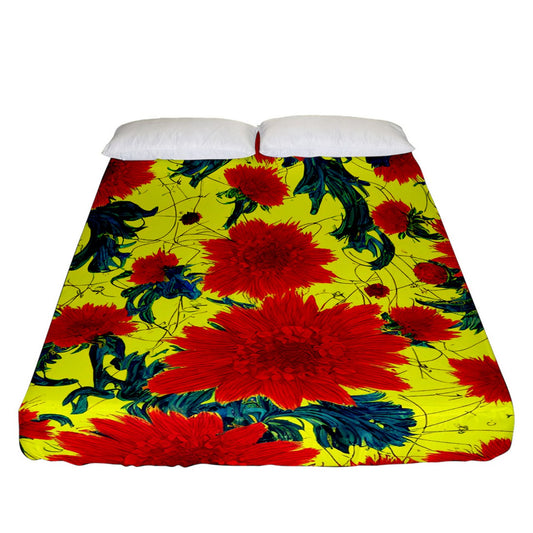 Red Flowers on Yellow Fitted Sheet (California King Size)