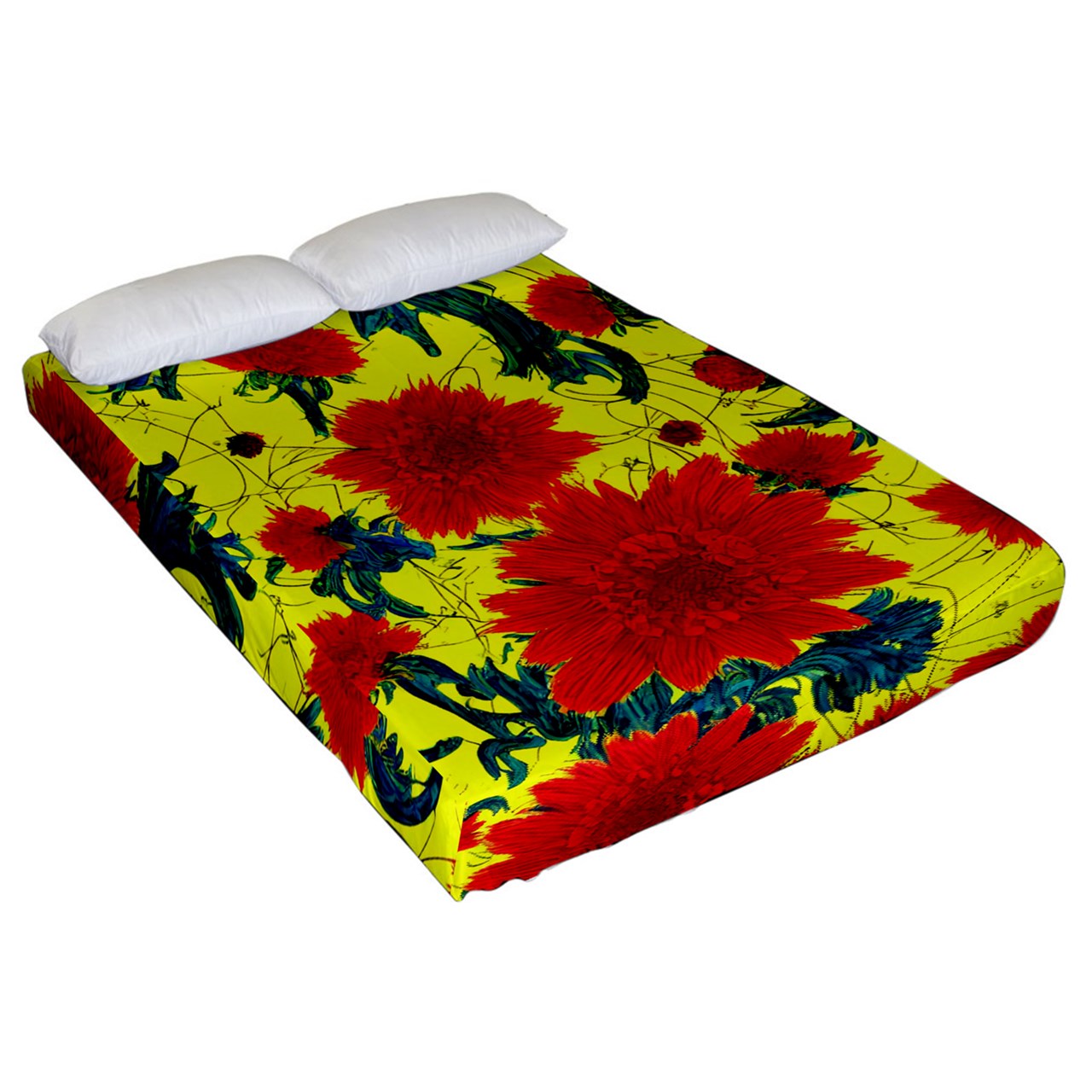 Red Flowers on Yellow Fitted Sheet (California King Size)