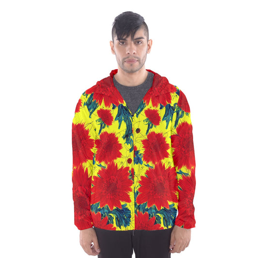 Red Flowers on Yellow Men's Hooded Windbreaker