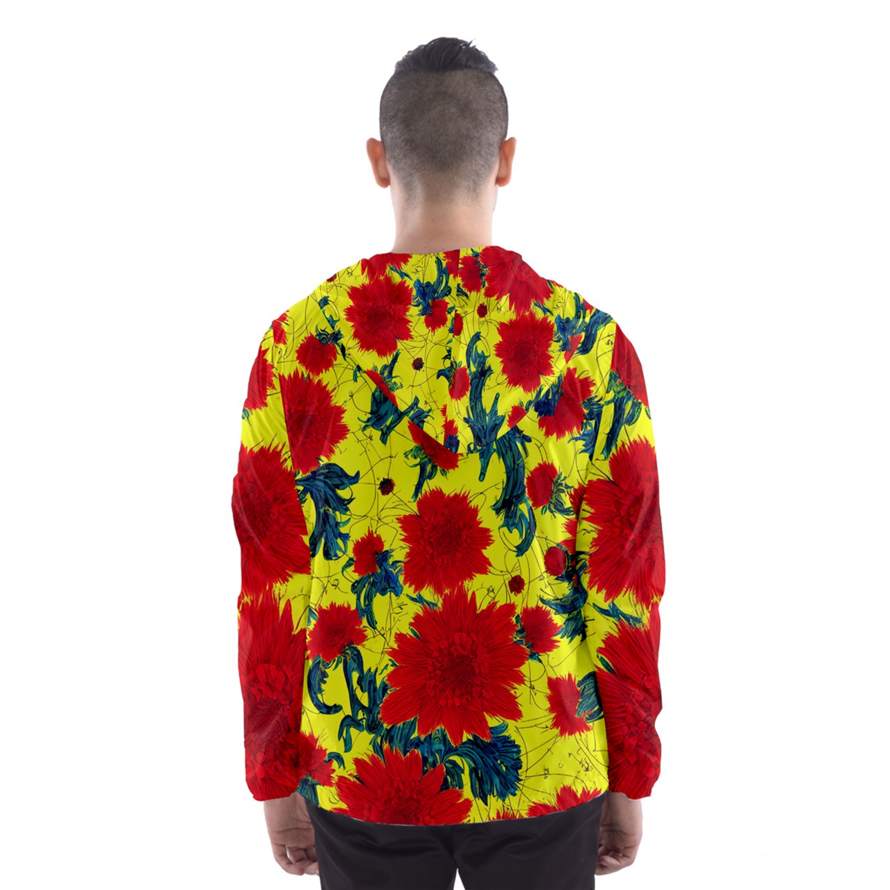 Red Flowers on Yellow Men's Hooded Windbreaker