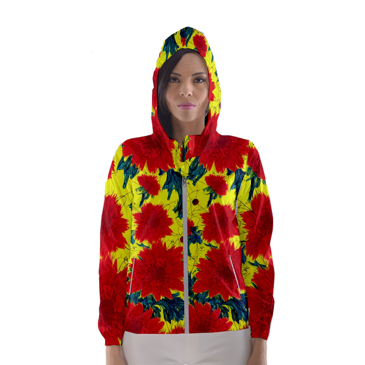 Red Flowers on Yellow Women's Hooded Windbreaker