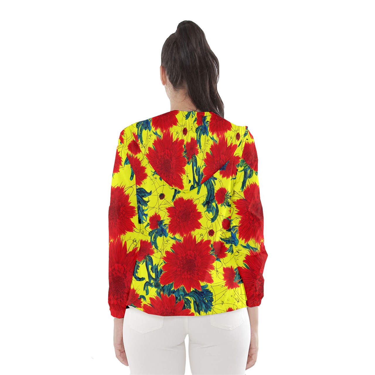 Red Flowers on Yellow Women's Hooded Windbreaker