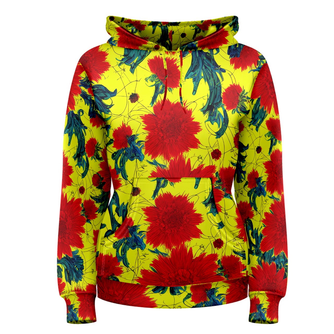 Red Flowers on Yellow Women's Pullover Hoodie