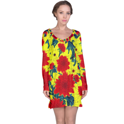 Red Flowers on Yellow Long Sleeve Nightdress