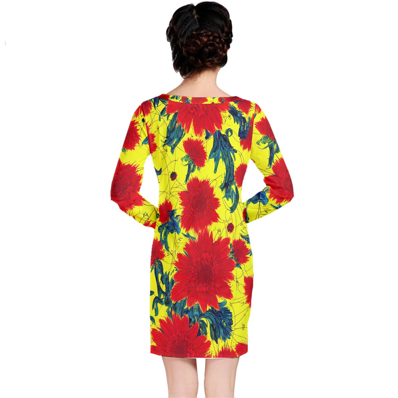 Red Flowers on Yellow Long Sleeve Nightdress