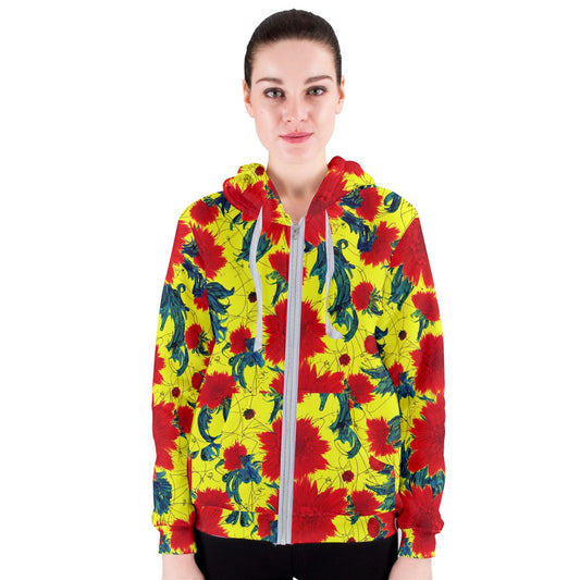 Red Flowers on Yellow Women's Zipper Hoodie