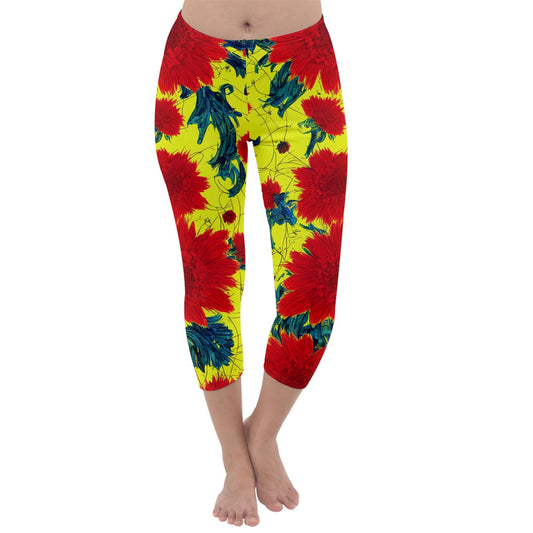 Red Flowers on Yellow Capri Winter Leggings