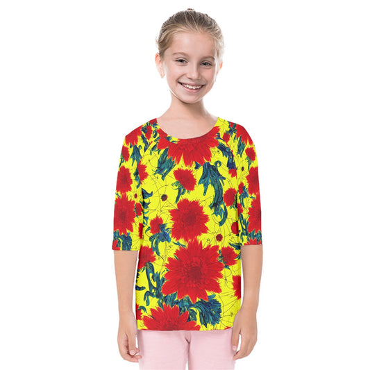 Red Flowers on Yellow Kids' Quarter Sleeve Raglan Tee