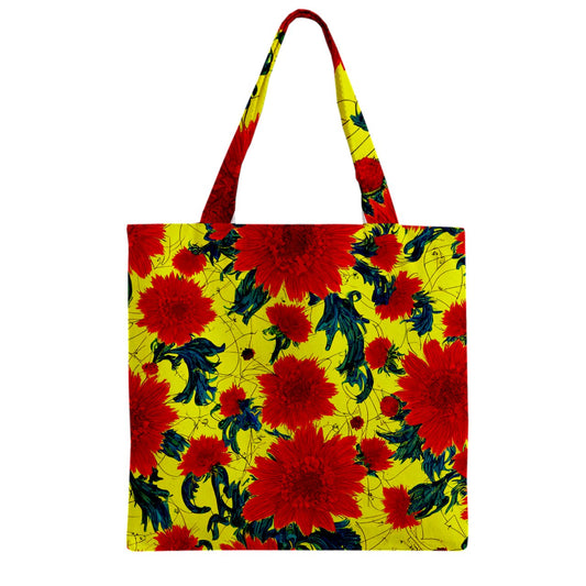 Red Flowers on Yellow Zipper Grocery Tote Bag