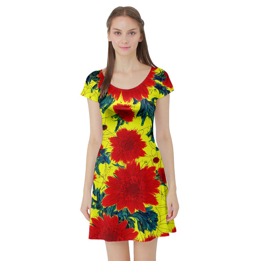 Red Flowers on Yellow Short Sleeve Skater Dress