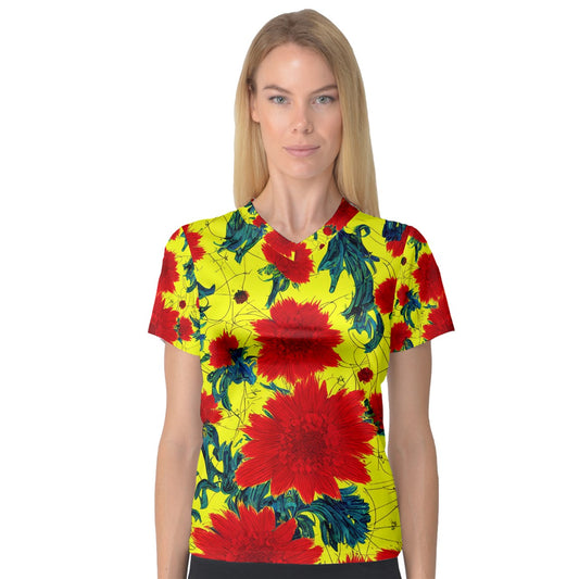 Red Flowers on Yellow V-Neck Sport Mesh Tee