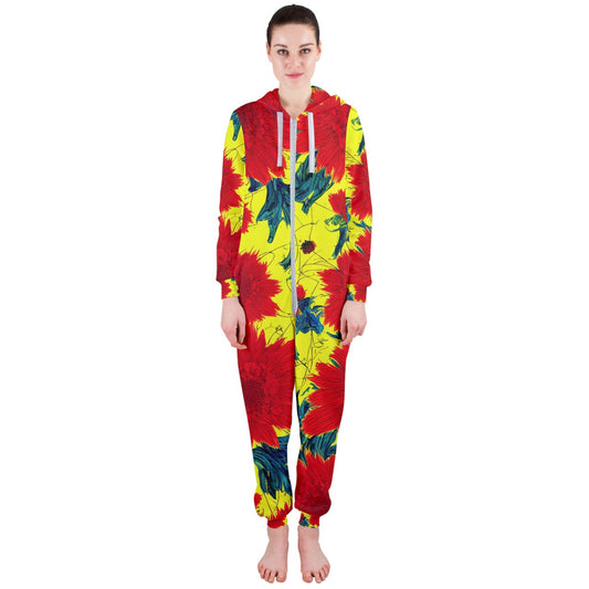 Red Flowers on Yellow Hooded Jumpsuit (Ladies)