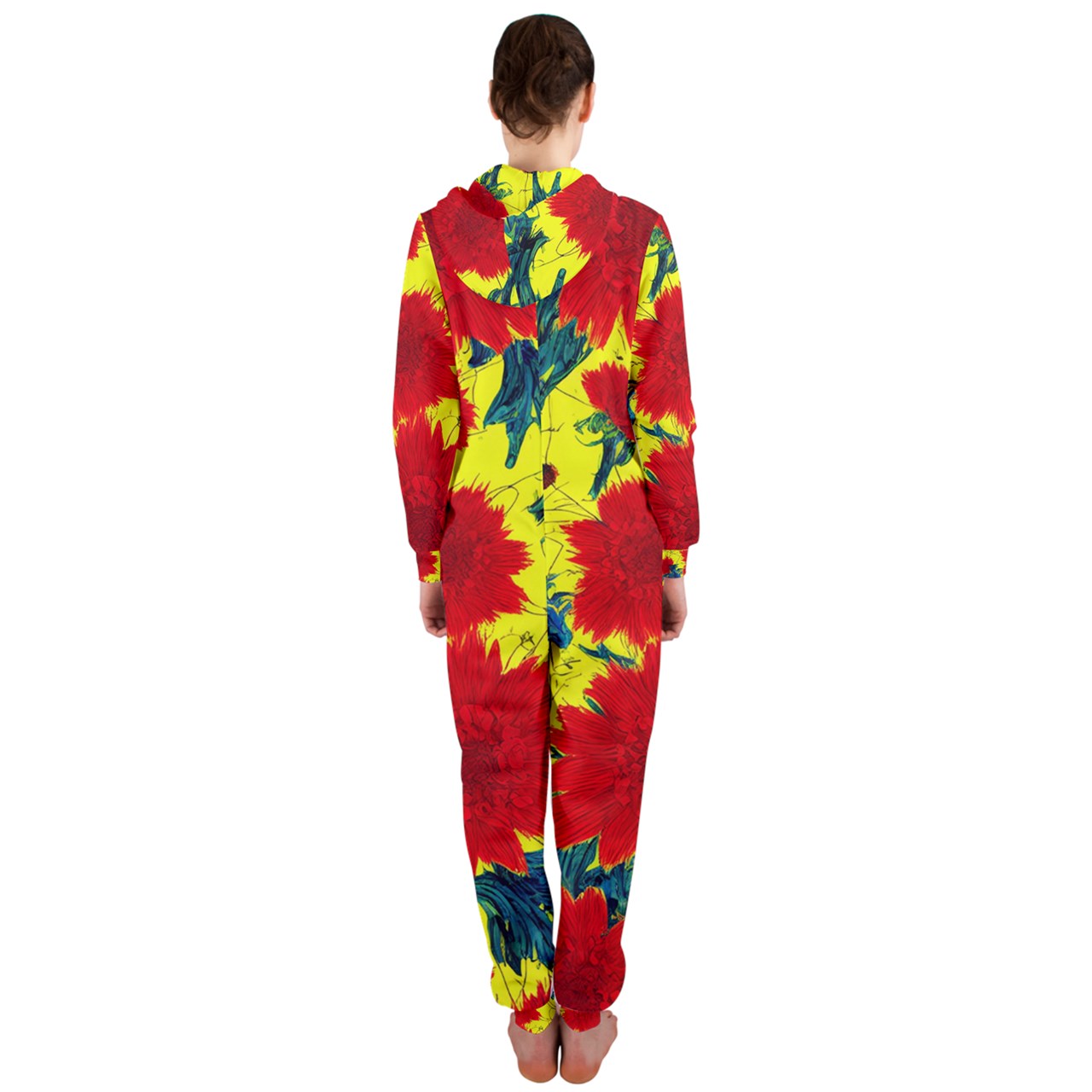 Red Flowers on Yellow Hooded Jumpsuit (Ladies)