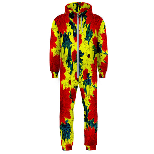 Red Flowers on Yellow Hooded Jumpsuit (Men)