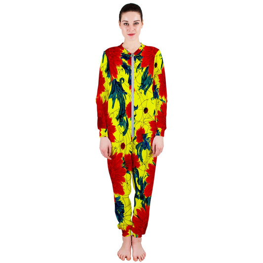 Red Flowers on Yellow OnePiece Jumpsuit (Ladies)