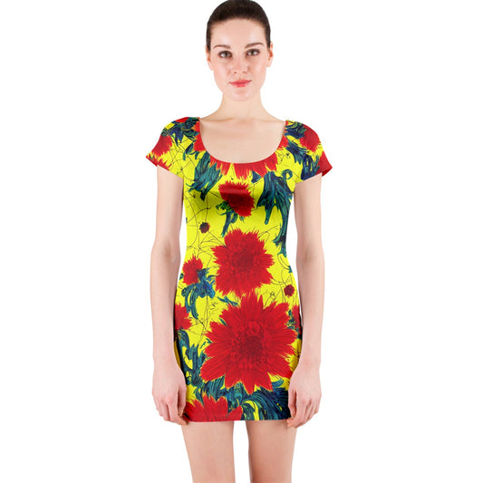 Red Flowers on Yellow Short Sleeve Bodycon Dress