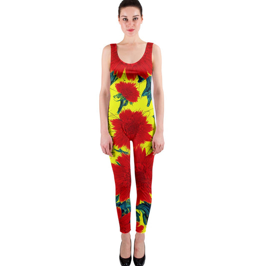 Red Flowers on Yellow One Piece Catsuit