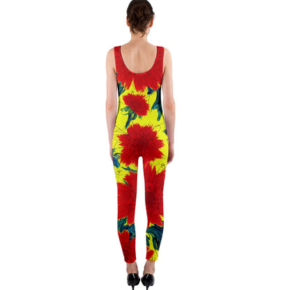 Red Flowers on Yellow One Piece Catsuit