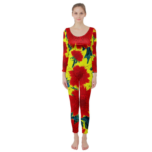 Red Flowers on Yellow Long Sleeve Catsuit