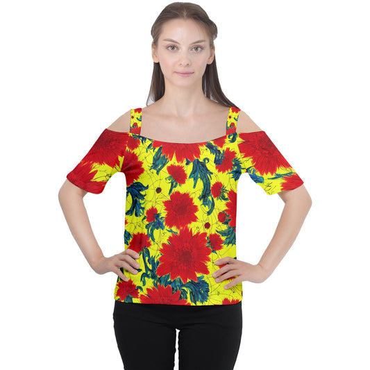 Red Flowers on Yellow Cutout Shoulder Tee