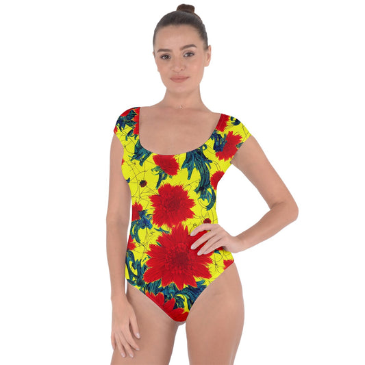 Red Flowers on Yellow Short Sleeve Leotard