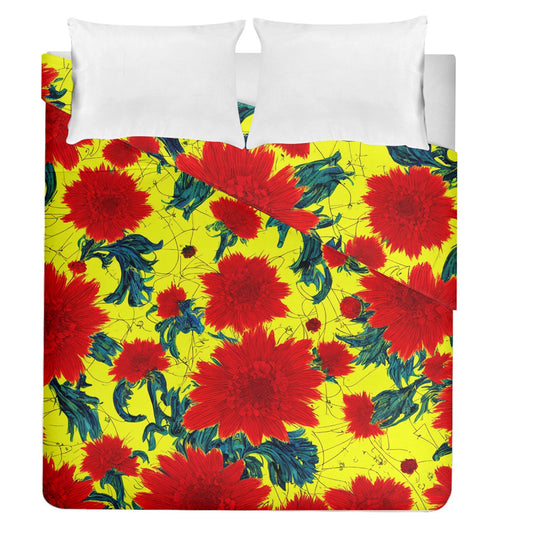 Red Flowers on Yellow - Duvet Cover - Double Side (Queen Size)