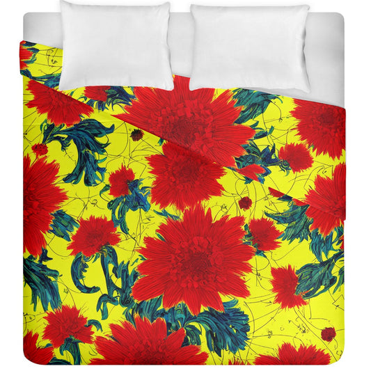 Red Flowers on Yellow - Duvet Cover - Double Side (King Size)