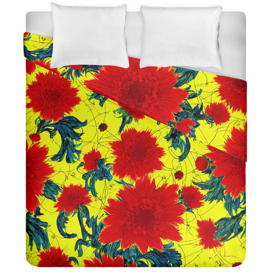 Red Flowers on Yellow - Duvet Cover - Double Side (California King Size)