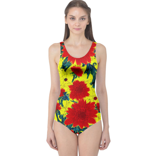 Red Flowers on Yellow One Piece Swimsuit