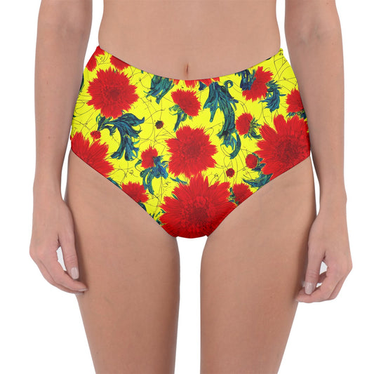 Red Flowers on Yellow Reversible High-Waist Bikini Bottoms