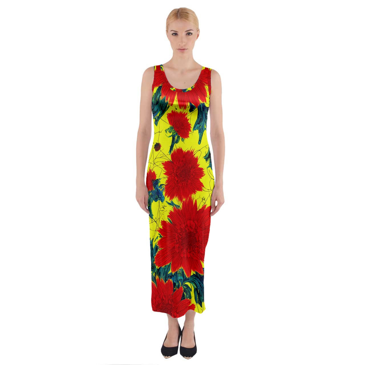 Red Flowers on Yellow Fitted Maxi Dress - Sizes up to 5XL