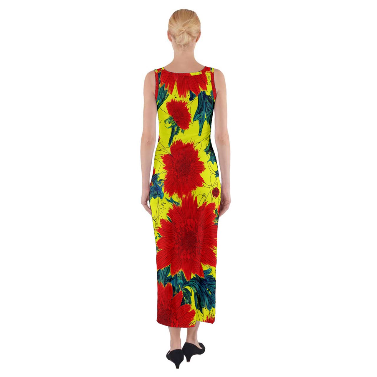 Red Flowers on Yellow Fitted Maxi Dress - Sizes up to 5XL