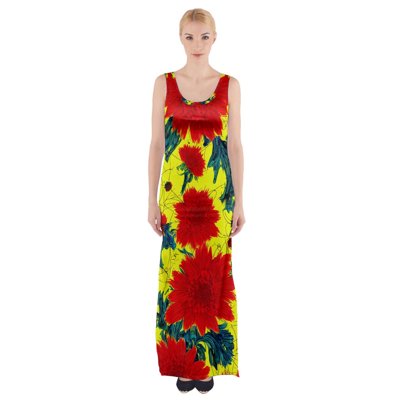 Red Flowers on Yellow Thigh Split Maxi Dress