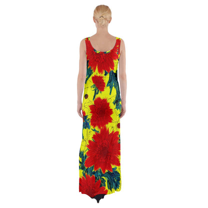 Red Flowers on Yellow Thigh Split Maxi Dress