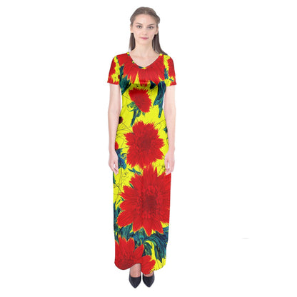 Red Flowers on Yellow Short Sleeve Maxi Dress