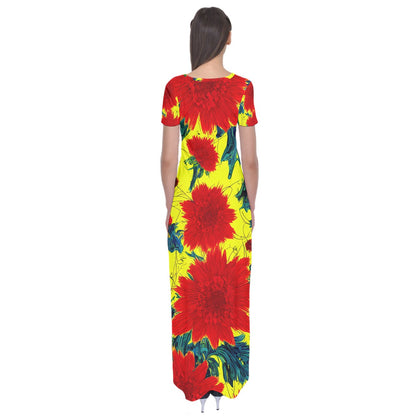 Red Flowers on Yellow Short Sleeve Maxi Dress