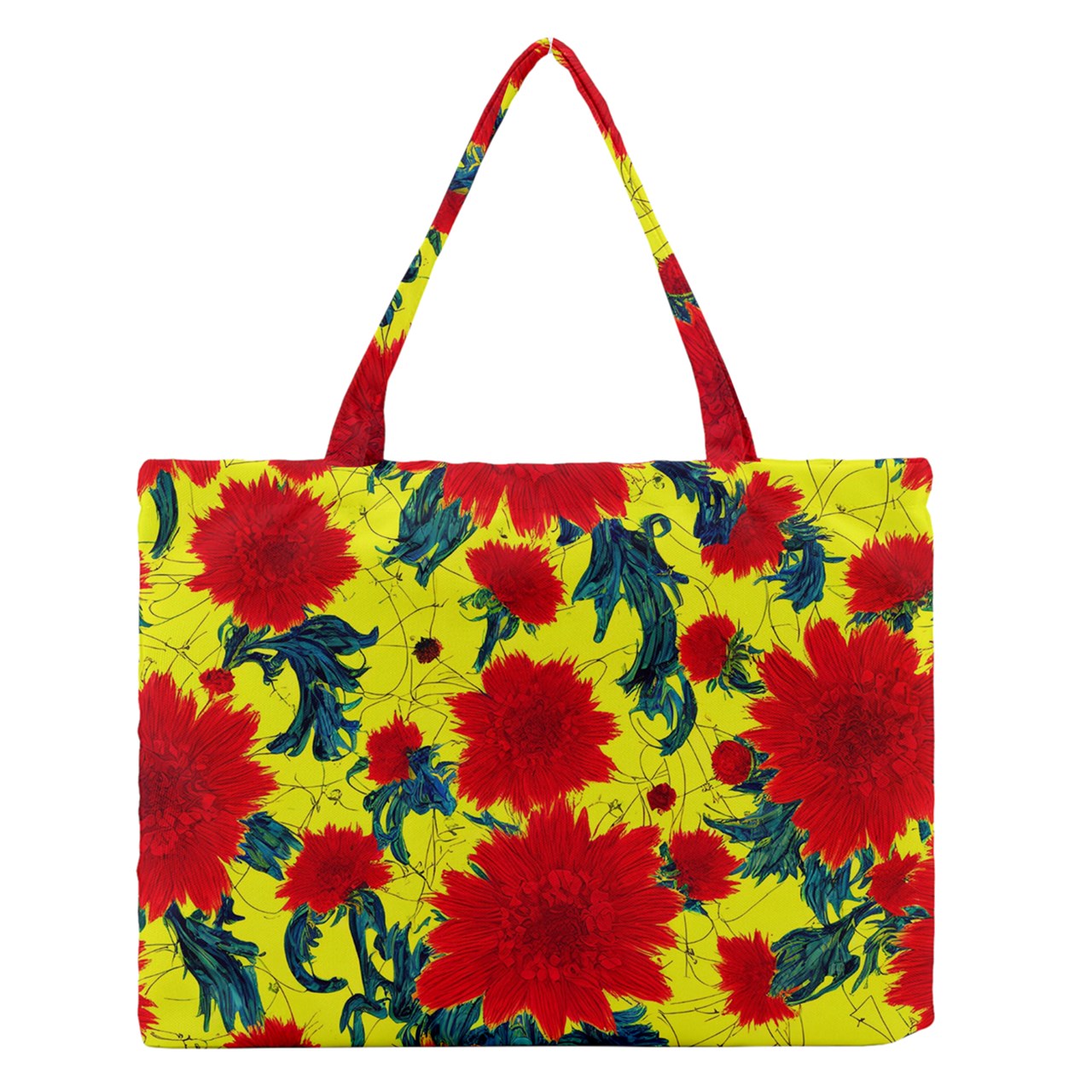 Red Flowers on Yellow Zipper Medium Tote Bag